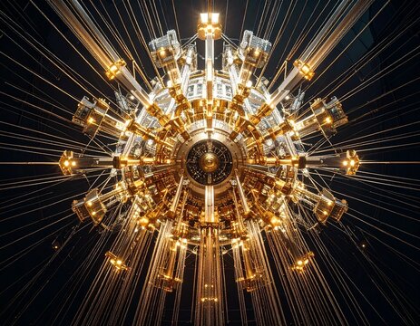 Hyper realistic low angle shot of a complex gold quantum computer processor core with wires