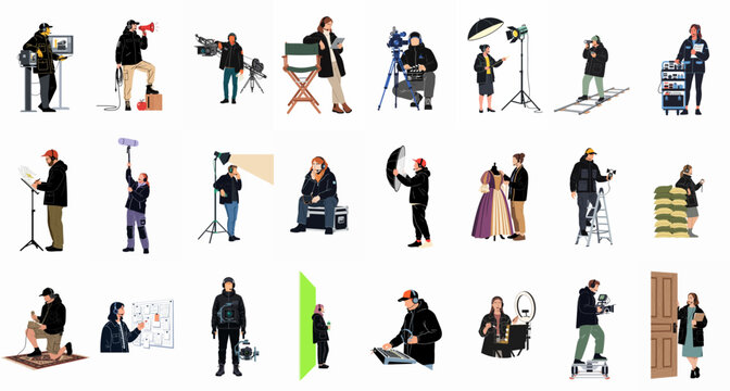 Comprehensive collection of diverse film production crew members and technical staff with professional movie-making equipment in a flat vector style.
