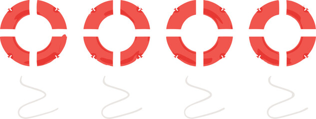 Red Marine Lifebuoy Vector Icon Set with Four Ring Buoys and Floating Ropes for Maritime Safety Ocean Rescue and Nautical Swimming Pool Designs © Auwal