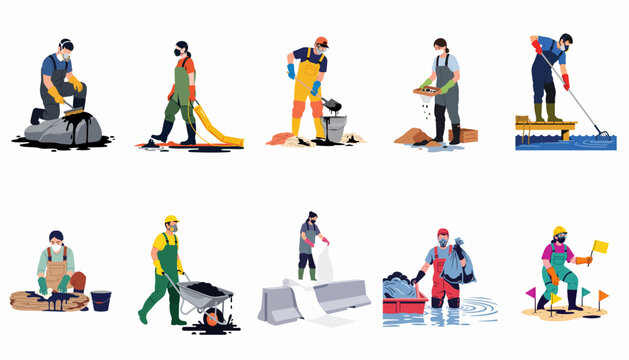 Flat vector illustration set of professional workers in protective gear performing various tasks for environmental oil spill cleanup and remediation activities.