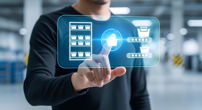Manager interacting with digital warehouse management software interface to optimize supply chain inventory flow and automated logistics processing