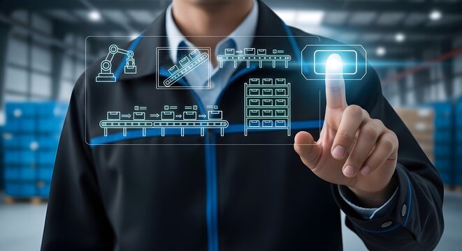 Businessman manages a smart factory production line through a futuristic touch interface, symbolizing industry 4.0, digital transformation, and advanced manufacturing technologies