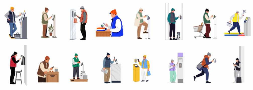 Collection of men using smartphones for contactless payments and self-service kiosks in various retail and urban scenarios.