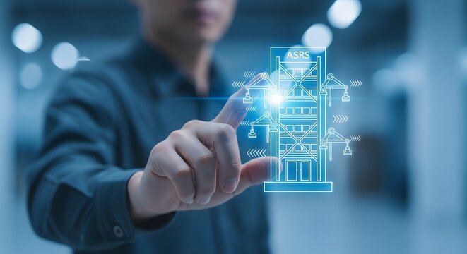 Businessman touching virtual ASRS warehouse automation hologram interface for logistics management