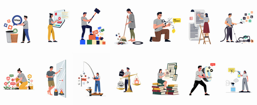 Collection of diverse illustrations depicting content moderation, digital cleaning, spam filtering, and community management concepts for online safety and a healthy internet environment.