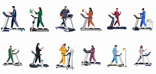 Fototapeta premium Set of diverse people walking on treadmills while multitasking with work, laptops, and phones, illustrating a healthy and productive modern lifestyle.