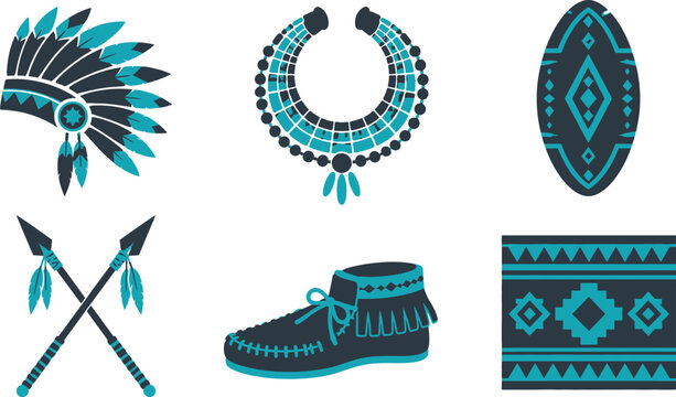 A set of flat vector graphic illustrations featuring traditional indigenous tribal elements with dark blue and bright cyan color palettes