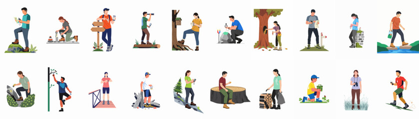 Set of diverse people participating in geocaching activities, outdoor treasure hunting, and exploring nature with GPS and maps in a flat vector style. © Songo