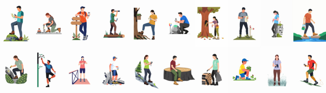 Set of diverse people participating in geocaching activities, outdoor treasure hunting, and exploring nature with GPS and maps in a flat vector style.