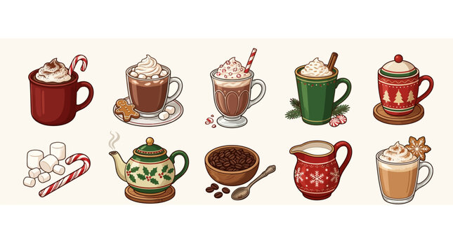 Festive holiday hot chocolate beverages with whipped cream marshmallows peppermint candy cinnamon stick seasonal drink illustration