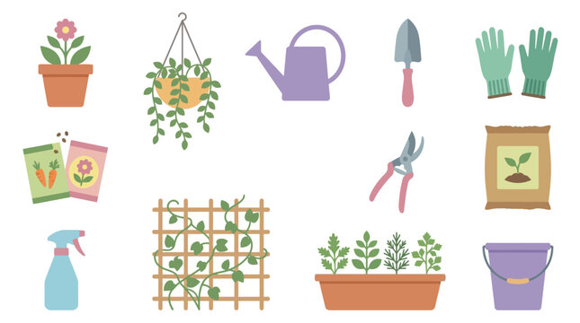 Gardening tools and supplies for planting flowers and vegetables - watering can, gloves, seeds, spray bottle, gardening trowel, pruning shears, trellis, seed packets