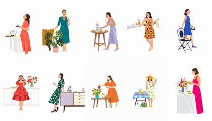 Fototapeta premium Collection of flat vector illustrations featuring elegant women enjoying social gatherings, dinner parties, and summer events with food and drinks.