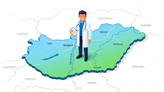 Doctor on Hungary map representing medical services