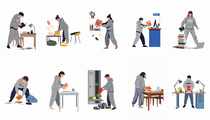 Fototapeta premium Set of flat vector illustrations depicting university students in tracksuits engaged in various academic activities like studying, organizing books, and using lockers.