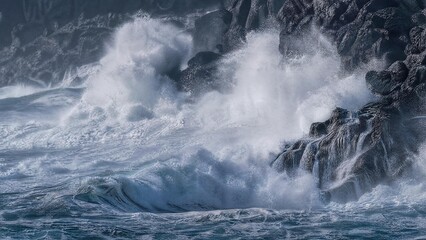 Obraz premium Powerful Stormy Ocean Waves Crashing Against Dramatic Rocky Cliffs