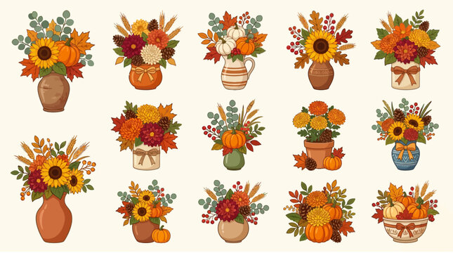 Autumnal floral arrangements in various vases with pumpkins and fall foliage, perfect for seasonal decor, Thanksgiving, or harvest celebrations, charming and vibrant