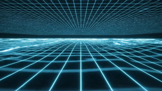 Abstract digital landscape with glowing blue grid and illuminated wave patterns