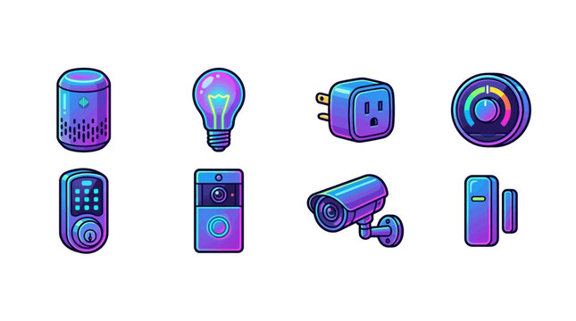 Digital Technology Icons Set Neon Style including smart speaker light bulb wall plug remote security camera smart device audio