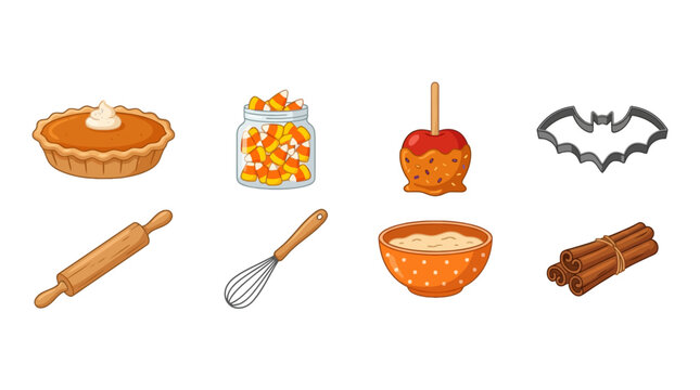Halloween baking ingredients and tools collection including pie, candies, caramel apple, black bat mold, rolling pin, whisk, bowl, cinnamon, and cinnamon sticks