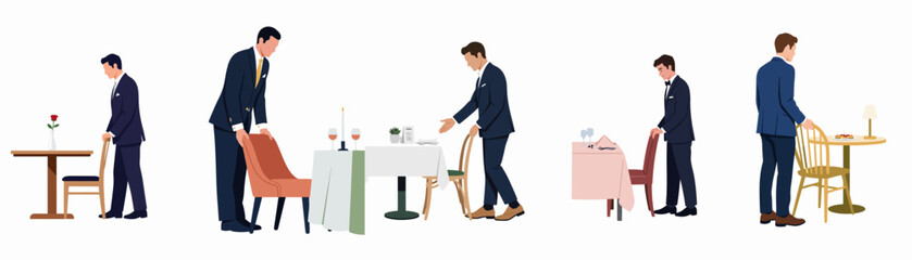 Fototapeta premium Flat illustration set of elegant waiters and hosts providing professional service by pulling out chairs at fine dining restaurant tables.