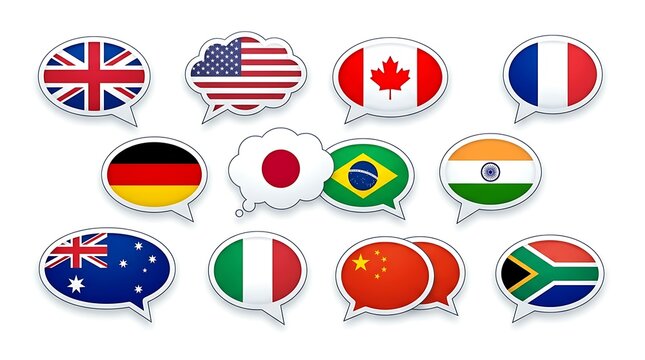 National flag icons in speech bubbles for global communication