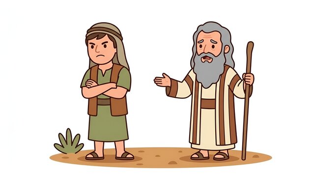 Illustration of an angry young man listening to an elderly bearded prophet.