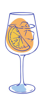 Spritz cocktail glass icon with hand drawn doodle style. Whimsical drink and wine beverages for summer travel and french party celebration.