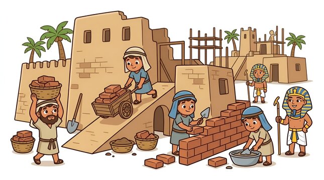 Cartoon illustration of ancient Egyptian workers building a brick structure.
