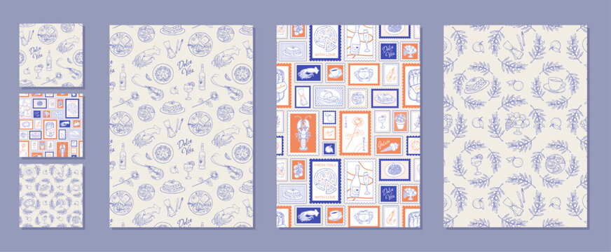 Italian seafood seamless pattern set in doodle ink line style with shrimp dinner food and stamp elements. Mediterranean restaurant background for menu, cafe decor, kitchen design and vintage