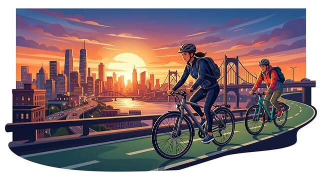 People cycling on a bridge path with a city skyline at sunset