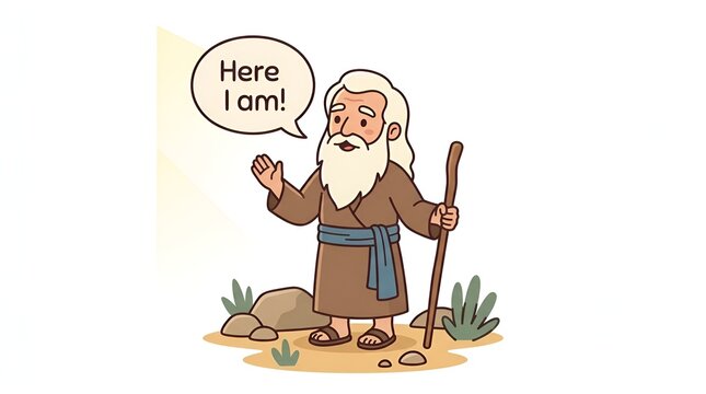Cartoon illustration of an elderly prophet figure standing in the desert.