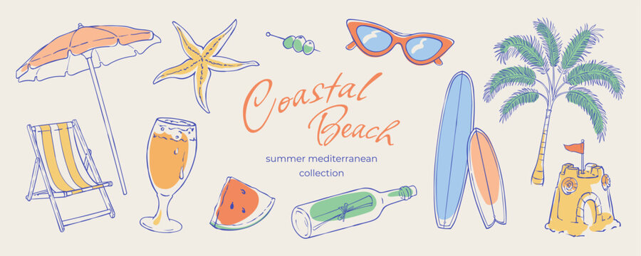 Whimsical coastal set of beach sketch element in watercolor. Sunglasses and surfboard with palm and watermelon for summer vacation italian theme. For travel card poster background.
