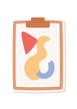 Cute cartoon clipboard with abstract drawing art sticker. Childish school tool as playful stationery sticker. Soft white sheet and flat color shapes suit children study supply, creative class