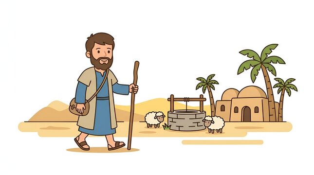 Cartoon illustration of a biblical shepherd walking in the desert near a well and palm trees.