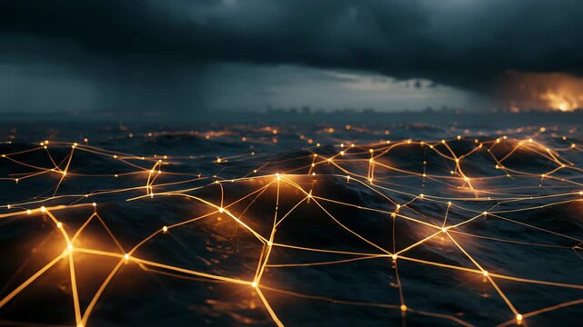Glowing golden network connections flowing over dark ocean waves under stormy sky for technology and data concept