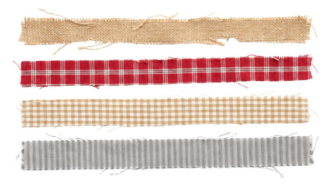 Colorful torn fabric strips on transparent background.