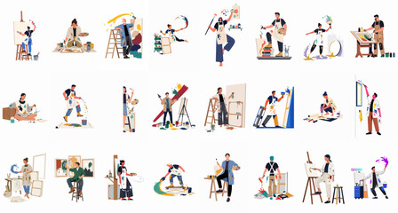 Fototapeta premium Large set of diverse artists engaged in creative painting and drawing activities using various tools and colorful supplies in a modern flat illustration style.