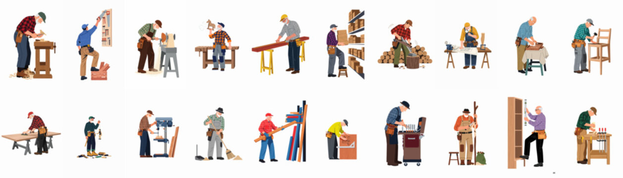 Set of various male carpenters and woodworkers engaged in different woodworking tasks and workshop activities, isolated on white background.