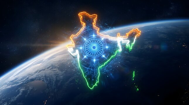 Glowing digital 3D map of India in national flag colors with circuit patterns floating over Earth in space. Concept for Indian IT industry, digital transformation, and cyber network.