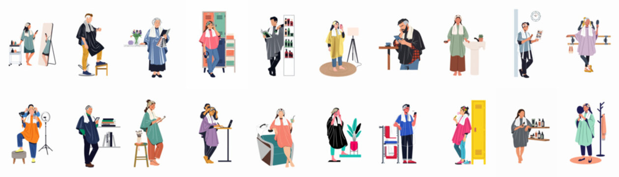 Set of diverse people with hair dye and foils multitasking in different settings, flat vector illustration collection.