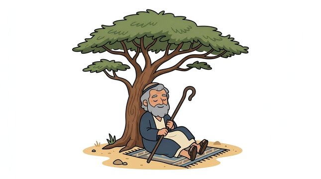An elderly man with a beard and staff sitting under a tree.