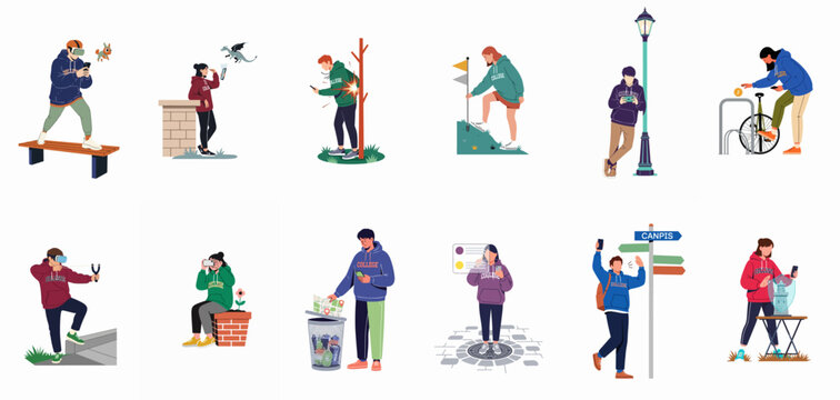 Collection of illustrated college students using smartphones and augmented reality technology in various humorous everyday scenarios on a white background