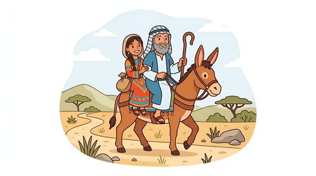 Cartoon illustration of Mary and Joseph traveling on a donkey through a desert landscape.