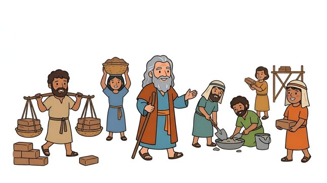 Cartoon illustration of ancient people working together on a construction project.