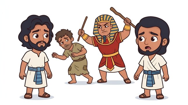 Cartoon illustration of Moses witnessing an Egyptian taskmaster striking a Hebrew slave in ancient Egypt.