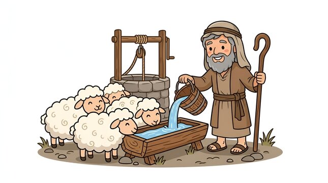 Cartoon illustration of a biblical shepherd watering his flock of sheep at a stone well.