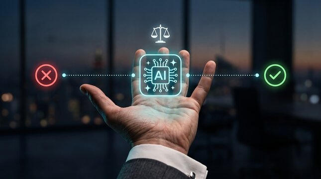AI Ethics and Compliance Concept with Digital Chip Hologram in Hand