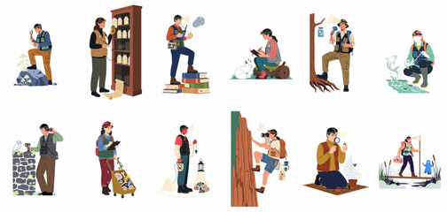 A collection of diverse characters engaged in field research, nature exploration, and scientific study activities across various outdoor and indoor environments. © Songo
