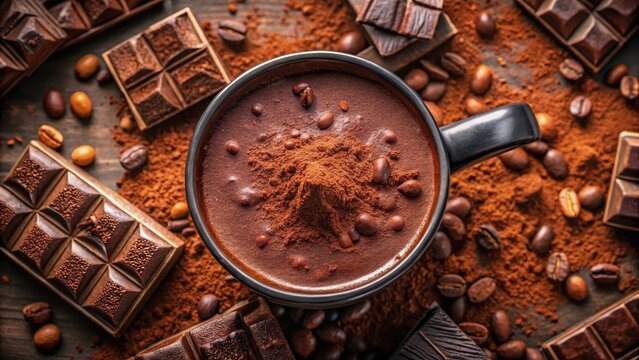 Top view of a cup of cocoa with chocolate pieces and cocoa powder