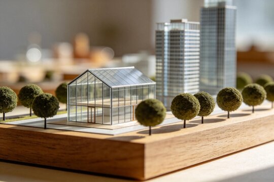 Architectural model of greenhouse and skyscrapers